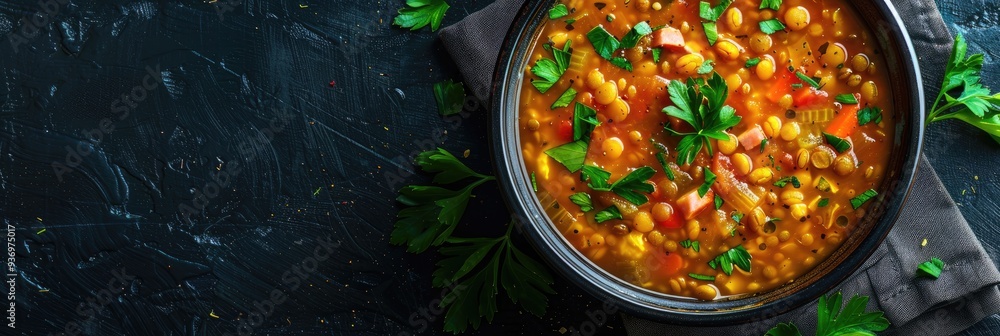 Poster aerial view of lentil and ham soup in a bowl with blank space for text