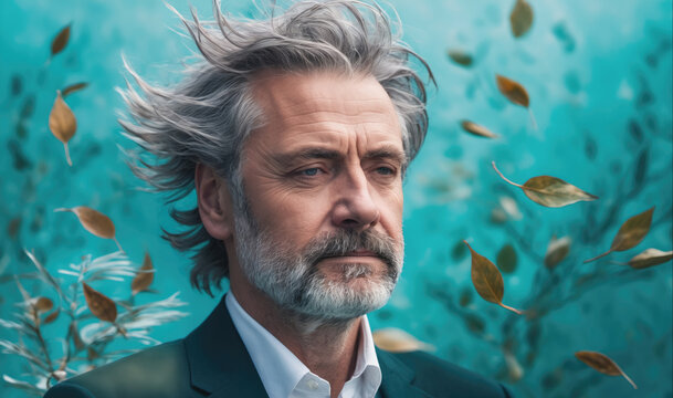 A man with gray hair and a beard stands in front of a blue background with leaves blowing in the wind