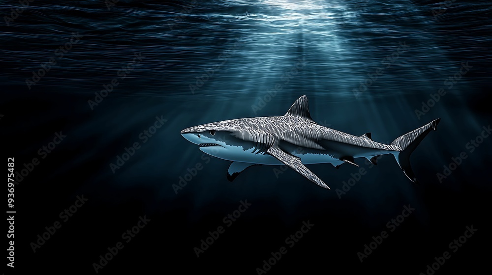 Poster shark gliding through shadowy waters of deep ocean with eerie light filtering down copy space for te