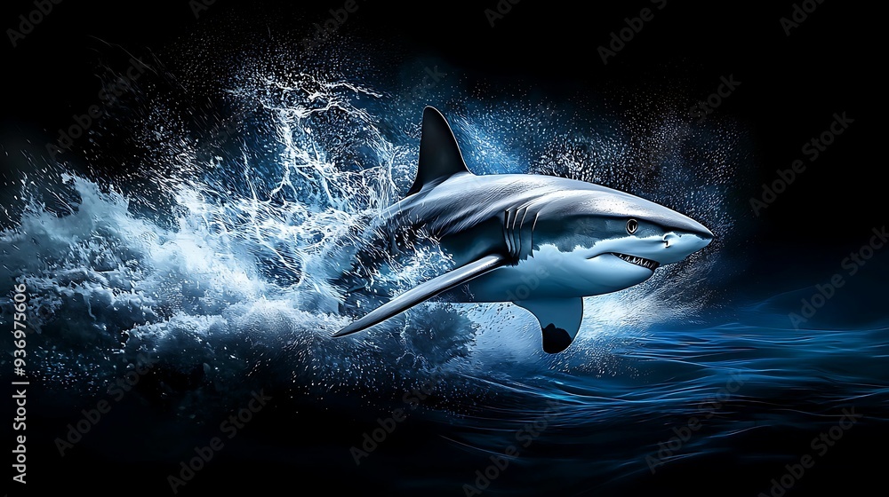 Poster shark in fast motion underwater leaving a trail of bubbles in its wake copy space for text