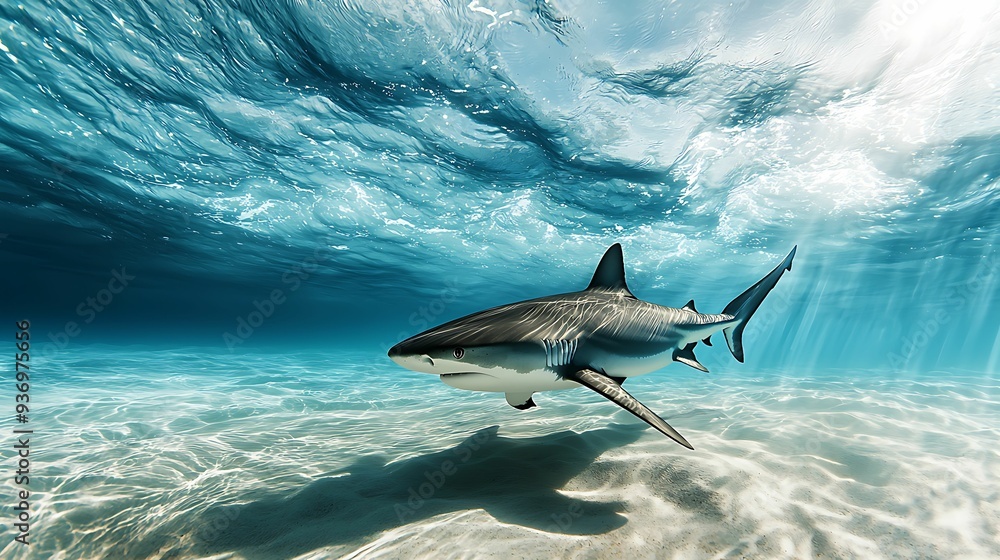 Poster shark gliding through ocean waves with fluid motion and sunlight filtering down copy space for text
