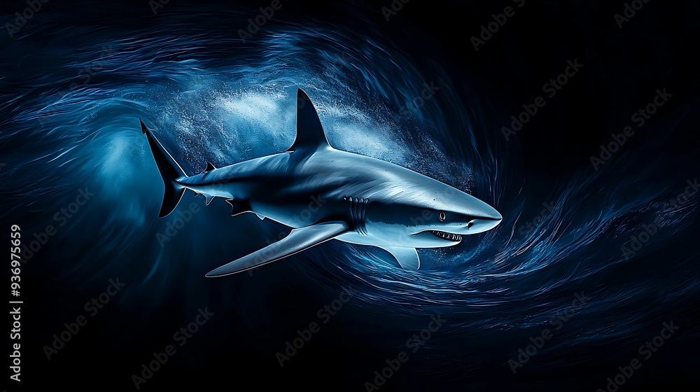 Poster shark moving through ocean currents with body twisting in dynamic motion copy space for text