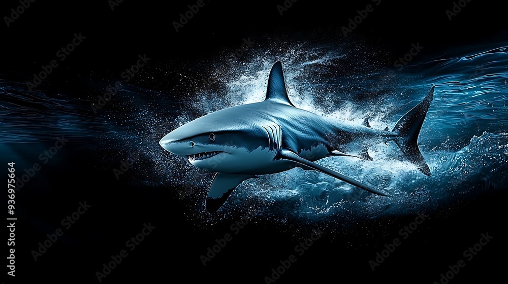 Poster shark in fast motion underwater leaving a trail of bubbles in its wake copy space for text