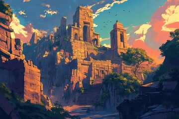 Ancient Stone Citadel at Sunset with Birds Flying Overhead