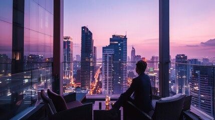 Show a business traveler at a high-rise hotel rooftop, enjoying a moment of relaxation with a stunning cityscape view in the background.