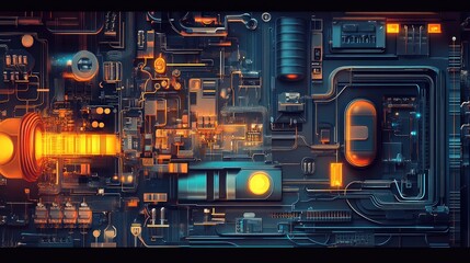 Fototapeta premium Abstract Digital Circuitry with Glowing Orange Elements