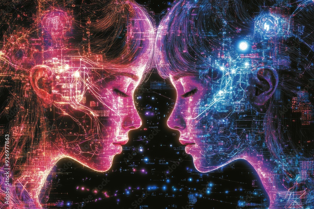 Poster portrait of a young ai girl blending innocence with advanced robotics symbolizing the intersection o
