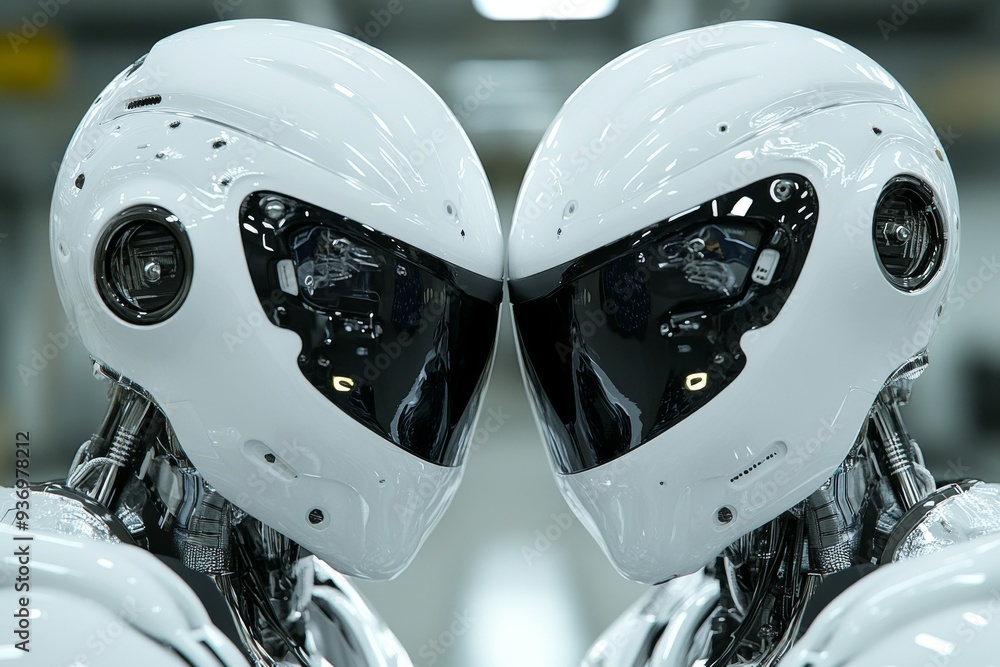 Poster metallic close up of two human faces interacting showcasing the blend of organic and mechanical elem