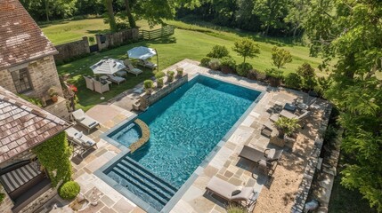Show an aerial view of a pool at a countryside estate, providing a tranquil escape in a scenic rural setting.