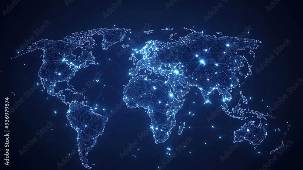 Poster A Blue World Map Composed of Interconnected Lines and Glowing Dots
