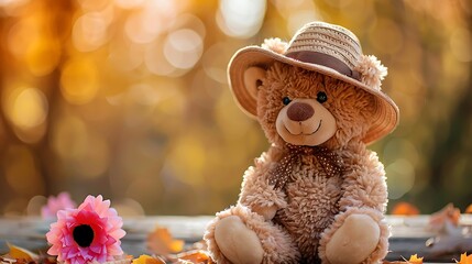 Cute teddy bear sitting on hat with flower