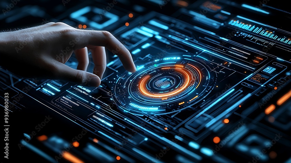 Poster 3d interface with holographic elements, user interacting with floating buttons, futuristic blue tone