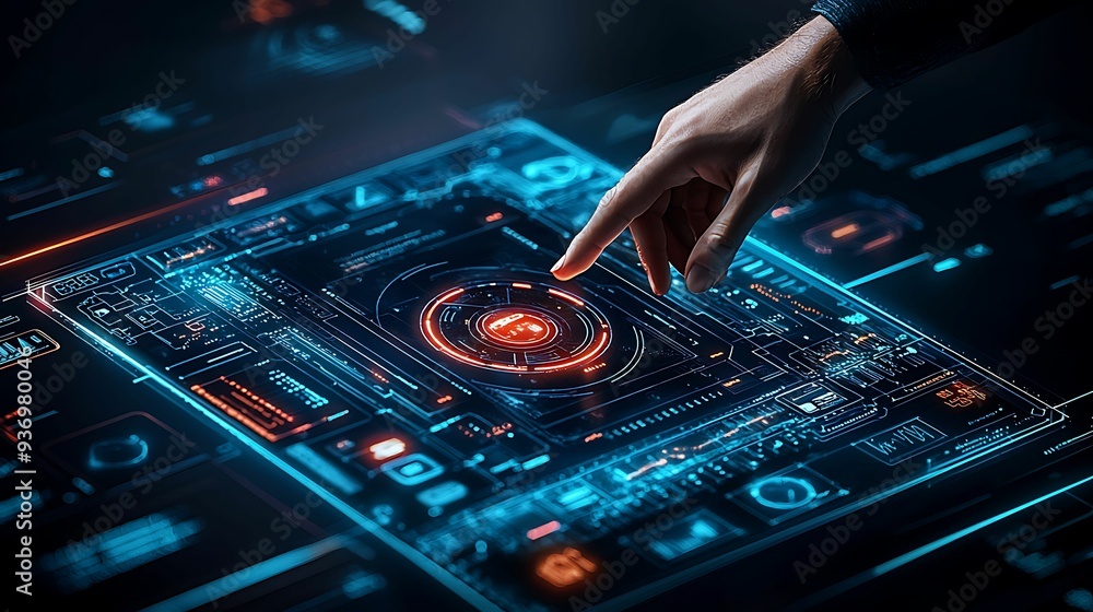 Fototapete close-up of a 3d interface panel with a user hand reaching to touch, dynamic ui elements, neon highl