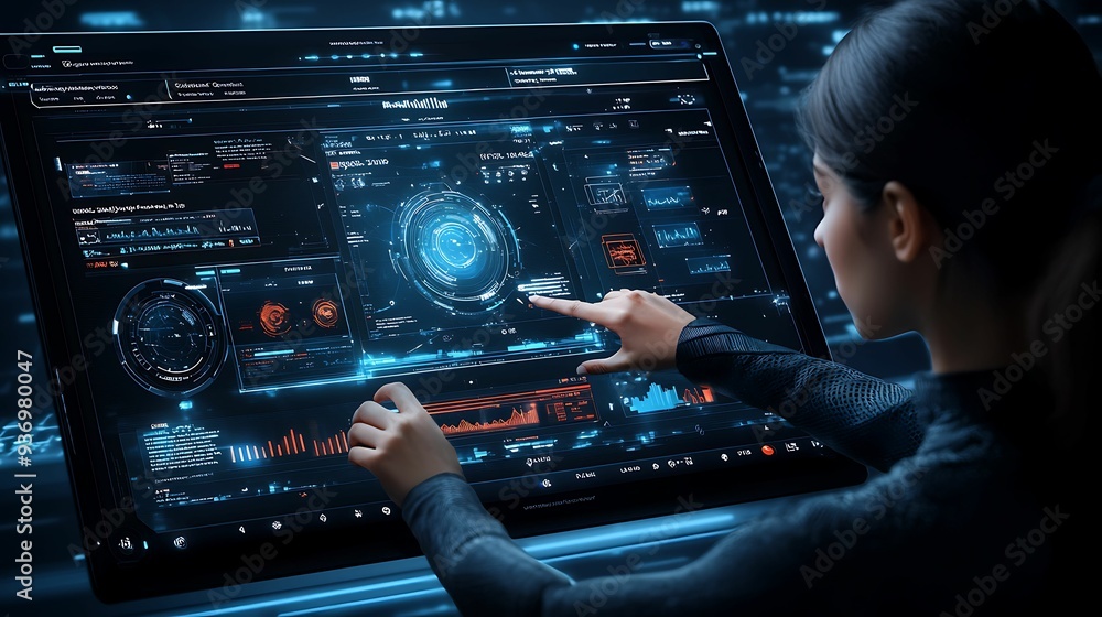 Poster digital interface with immersive 3d experience, user navigating transparent screens, soft ambient li