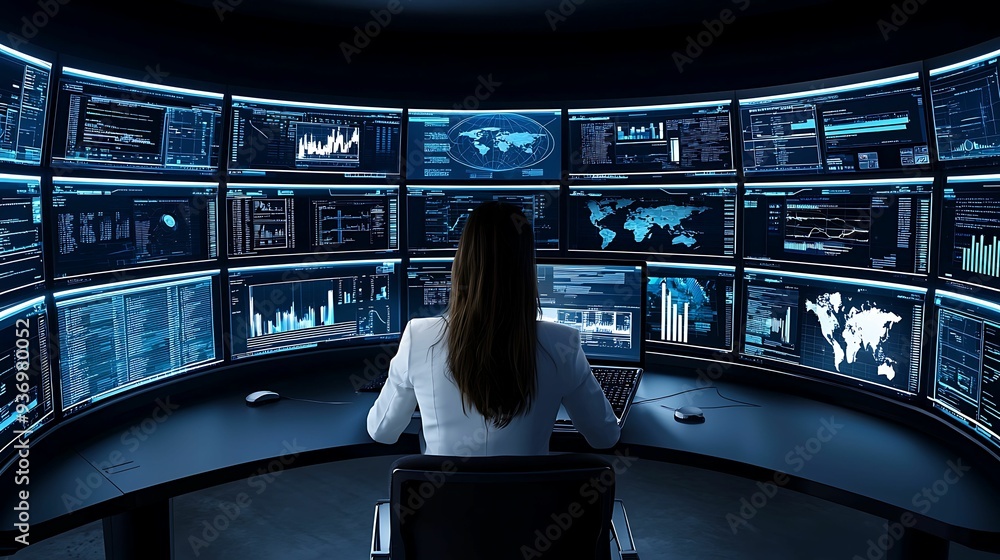 Poster virtual 3d workspace with user managing interface, curved screens with high-tech details, soft blue 