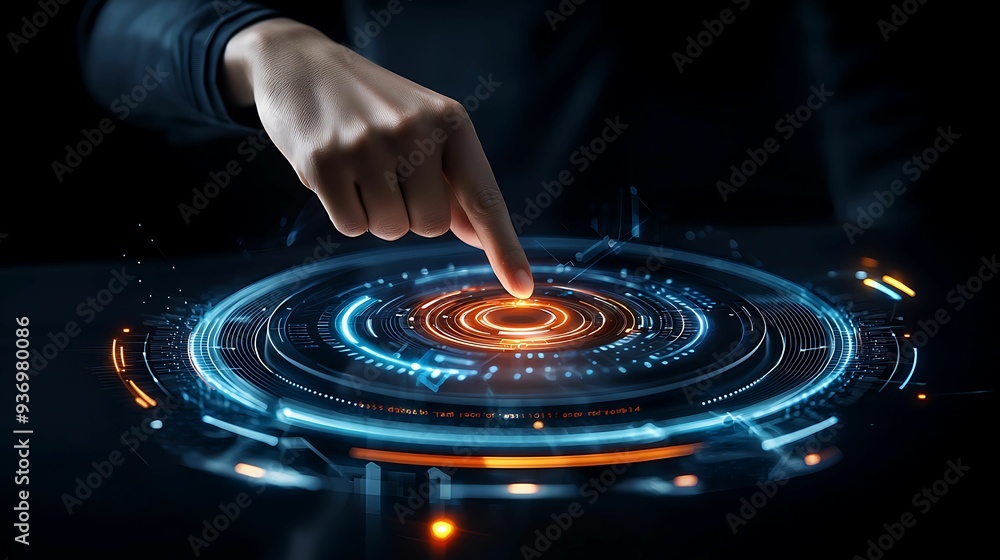 Poster futuristic 3d interface with a user analyzing data, transparent ui layers, subtle lighting, sleek de