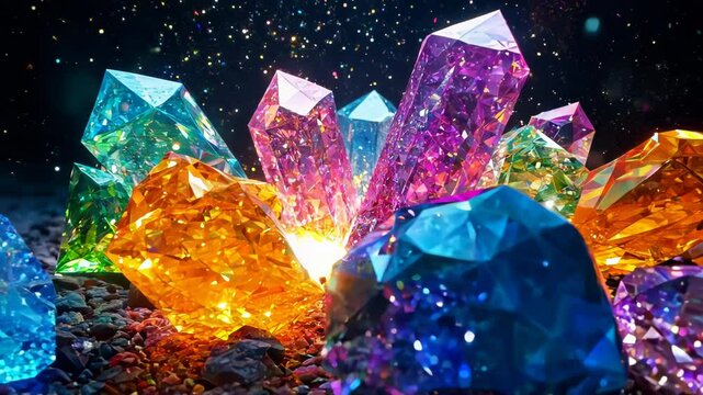 Vibrant gemstones burst from darkness, exploding with radiance. Various colors of crystals create a dazzling display of light and brilliance, enhanced by sparkling particle effects.	