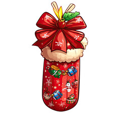 A festive Christmas stocking adorned with a vibrant bow and cheerful decorations, perfect for holiday celebrations.