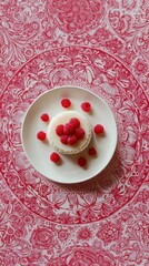 A white plate with a round white dessert topped with raspberries sits on a red patterned tablecloth.