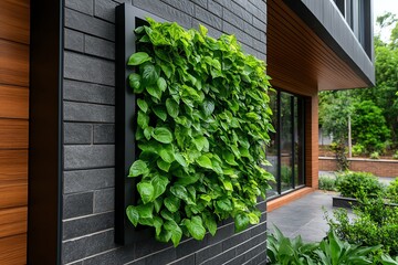 Fototapeta premium Modern vertical garden on a stylish wall, showcasing lush green foliage for a fresh and contemporary outdoor aesthetic.