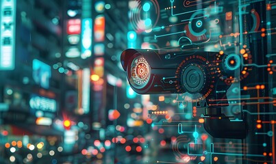 Obraz premium Surveillance street camera in city and icons. 