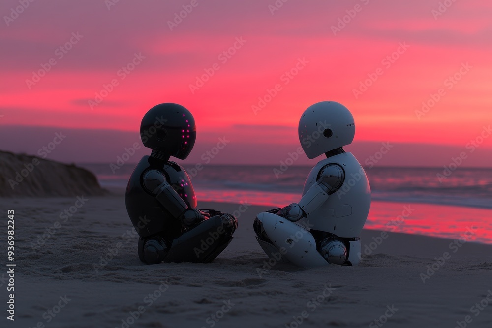 Poster abstract neon infused digital artwork depicting a robot in a state of transformation symbolizing the