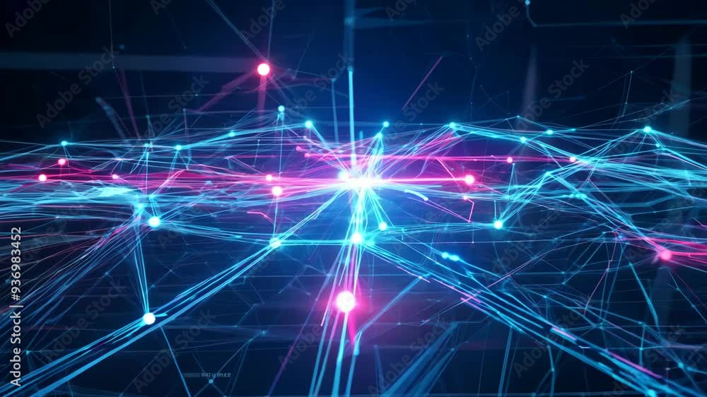 Poster exploring the vibrant connections of a digital network grid in an abstract visualization
