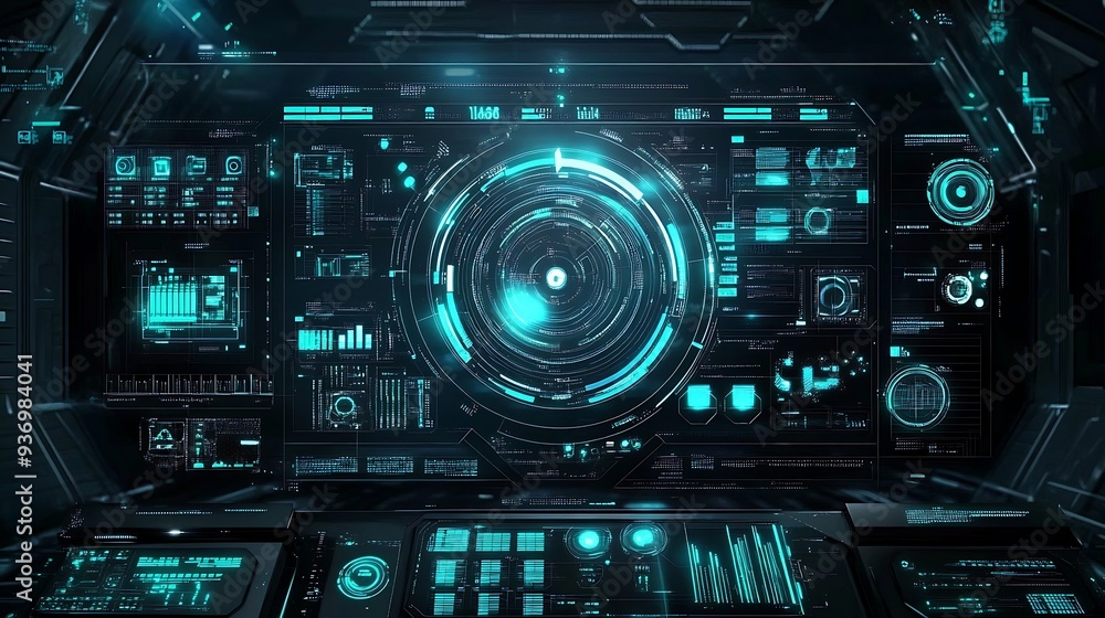 Poster futuristic control panel with glowing interface and digital displays
