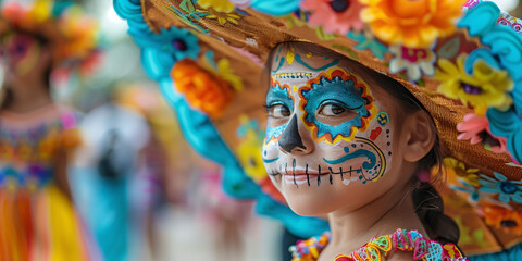 Fototapeta premium Mexican girls in traditional attire and Catrina makeup celebrating Día de Muertos in the street. Concept of Día de Muertos, Mexican culture and tradition, generational continuity, and popular festival