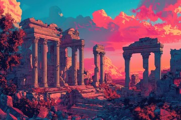 Fototapeta premium Ancient Ruins Under a Vibrant Pink and Blue Sunset