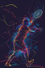 Fototapeta premium The simplicity of a single continuous line is juxtaposed with the vibrant energy of neon in this illustration, depicting a badminton player in full motion with striking visual impact.