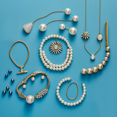 Elegant flatlay pearl jewelry bracelets, rings, necklaces. Minimalist white background