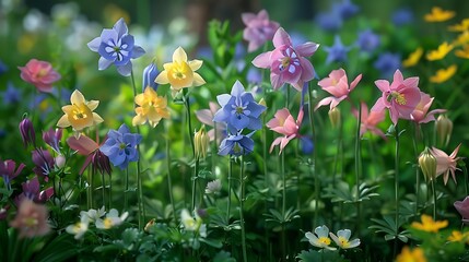 Fototapeta premium A vibrant meadow filled with colorful flowers in various shades, creating a serene natural landscape.