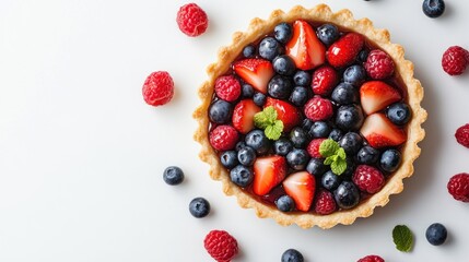 A delicious berry tart with fresh blueberries, raspberries, and strawberries topped with a sprig of mint on a white background.