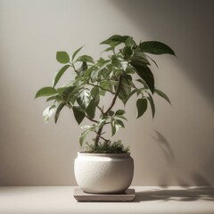 Fototapeta premium Elegant Indoor Bonsai Tree in Ceramic Pot with Natural Light, Perfect for Home Decor and Gardening Enthusiasts