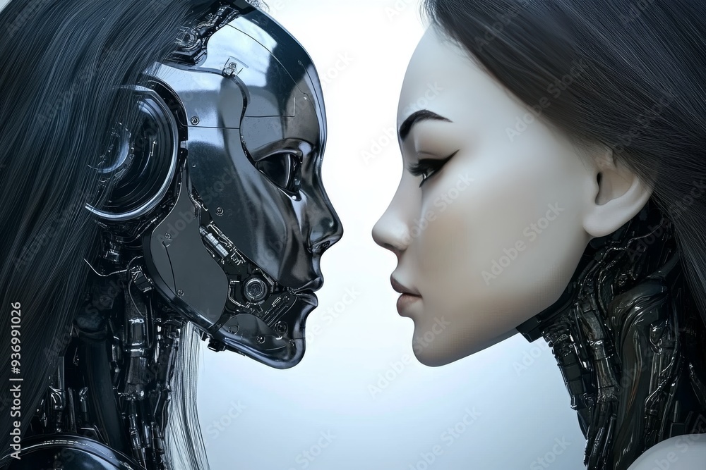 Poster high tech conceptual close up of a female androids face showcasing the intricate details and advance