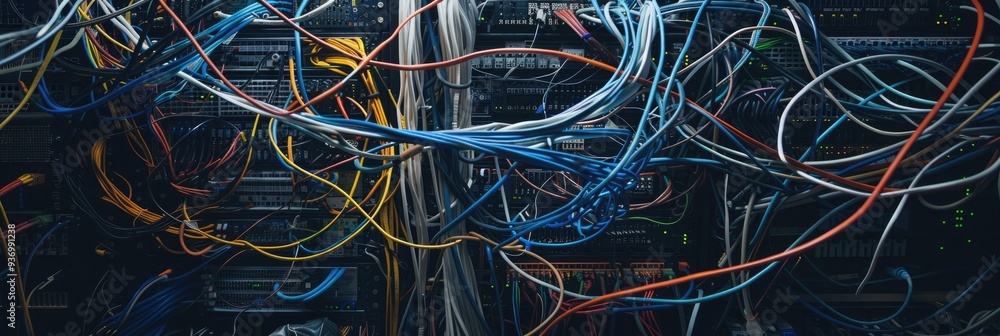 Poster disordered network structure formed by intertwined cables in a server rack