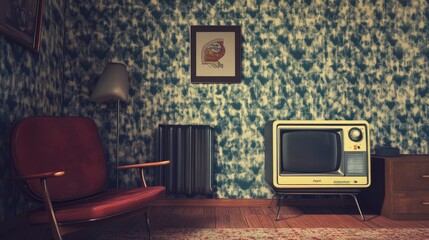 grunge interior room with retro wallpaper , ai