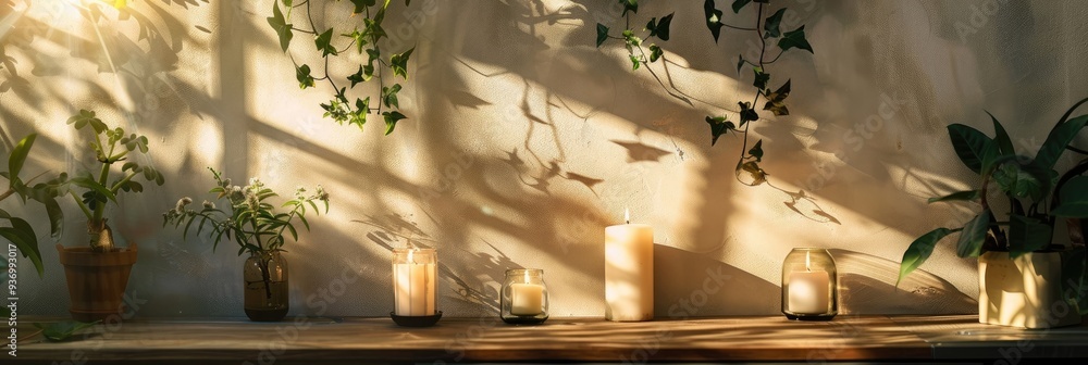 Canvas Prints Candles placed on a wooden shelf in a bedroom setting, featuring plants and wall shadows.