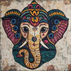 Naklejka premium Tranquil Glory: Traditional Madhubani Art of Lord Ganesha on Textured Background