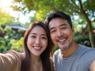 Obraz premium Happy Asian married couple taking a selfie outdoors