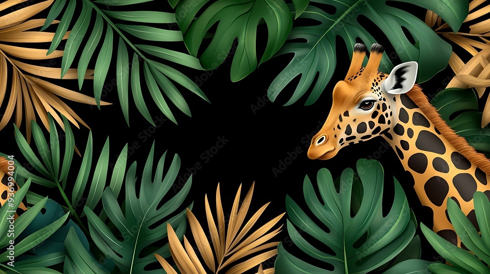 Poster animal print seamless pattern combining giraffe spots with a textured background of leaves and dirt 