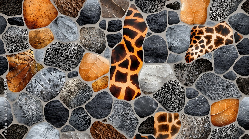 Poster animal print seamless pattern combining giraffe spots with a textured background of leaves and dirt 