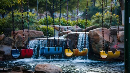 empty colorful swing set in waterfall playground in park