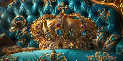 Fototapeta premium Elegant gold crown embellished with valuable stones and gems presented on an impressive ceremonial pillow.