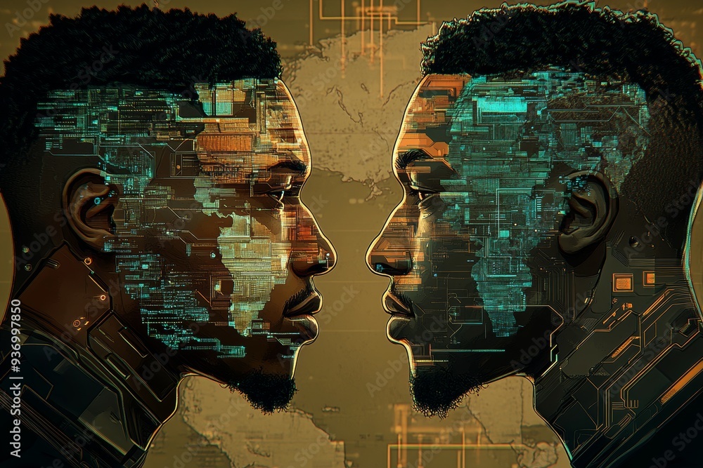 Poster serene portrait of two women in white facing each other across a reflective table highlighting purit