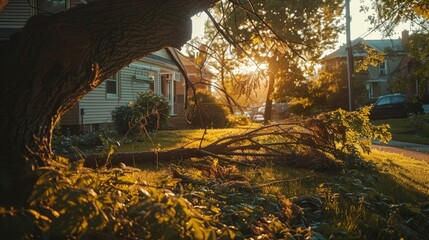 A downed tree limb presents a threat in a neighborhood, caused by extreme weather conditions or excessive growth, highlighting the importance of prompt trimming.