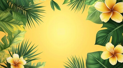 Hello Summer Time Holiday Illustration with Tropical Palm Leaves and Flower on Sun Yellow Background. Summer Vacation Design Template for Banner, Flyer, Invitation, Brochure, Poster. generative ai