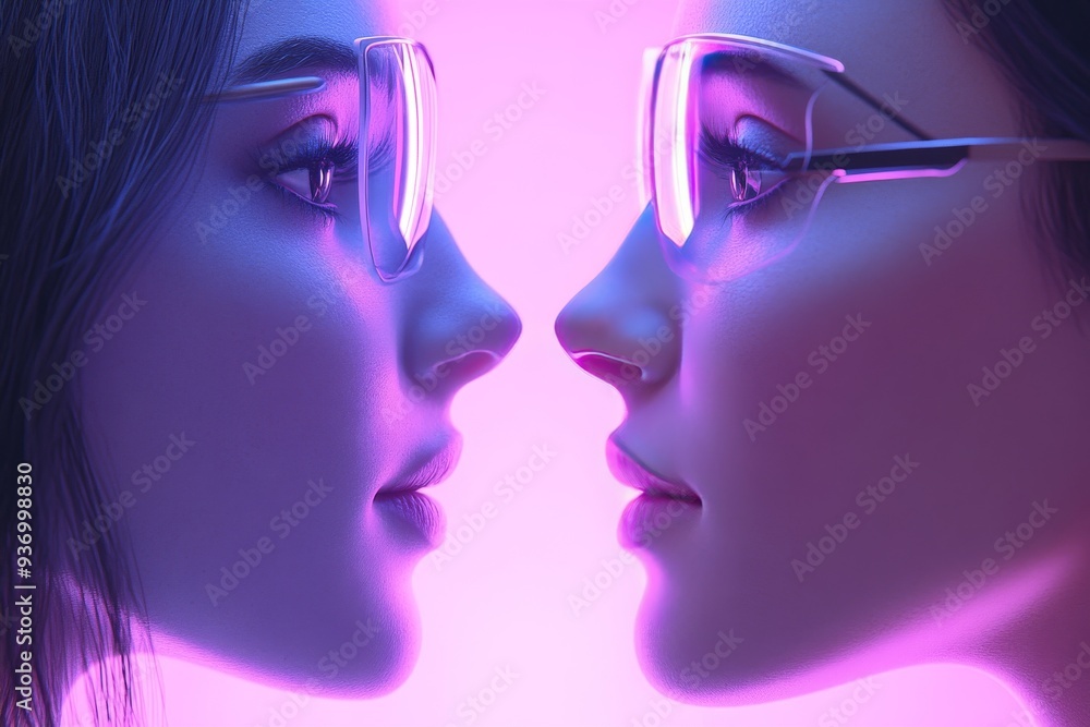 Sticker close up of futuristic women face to face glowing in neon pink and purple hues depicting the intensi