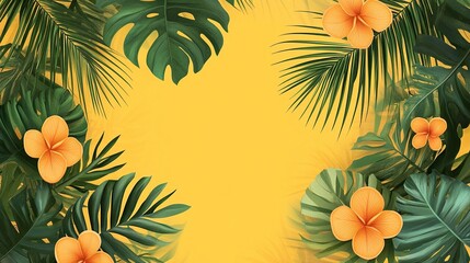 Hello Summer Time Holiday Illustration with Tropical Palm Leaves and Flower on Sun Yellow Background. Summer Vacation Design Template for Banner, Flyer, Invitation, Brochure, Poster. generative ai